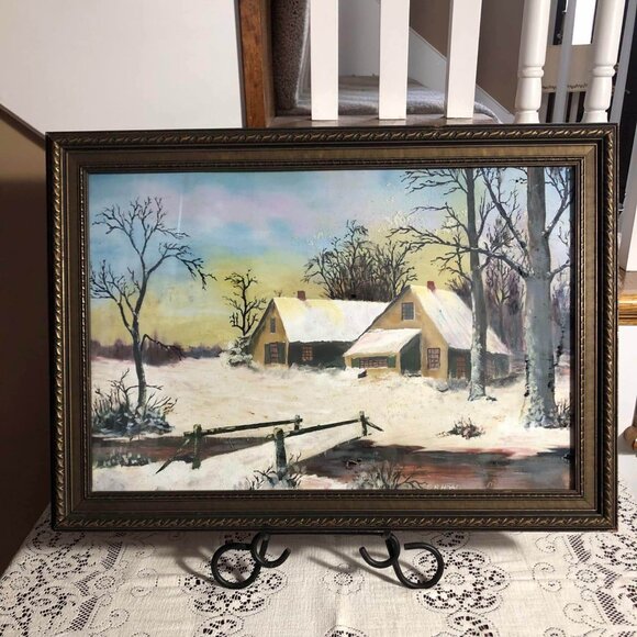 OG Rural Winter Cabins signed oil landscape painting and wooden frame